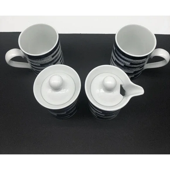 DANSK Radia INDIGO Sugar & Creamer With Lids 2 Mugs Cups Blue White Coffee A1 - Picture 2 of 8